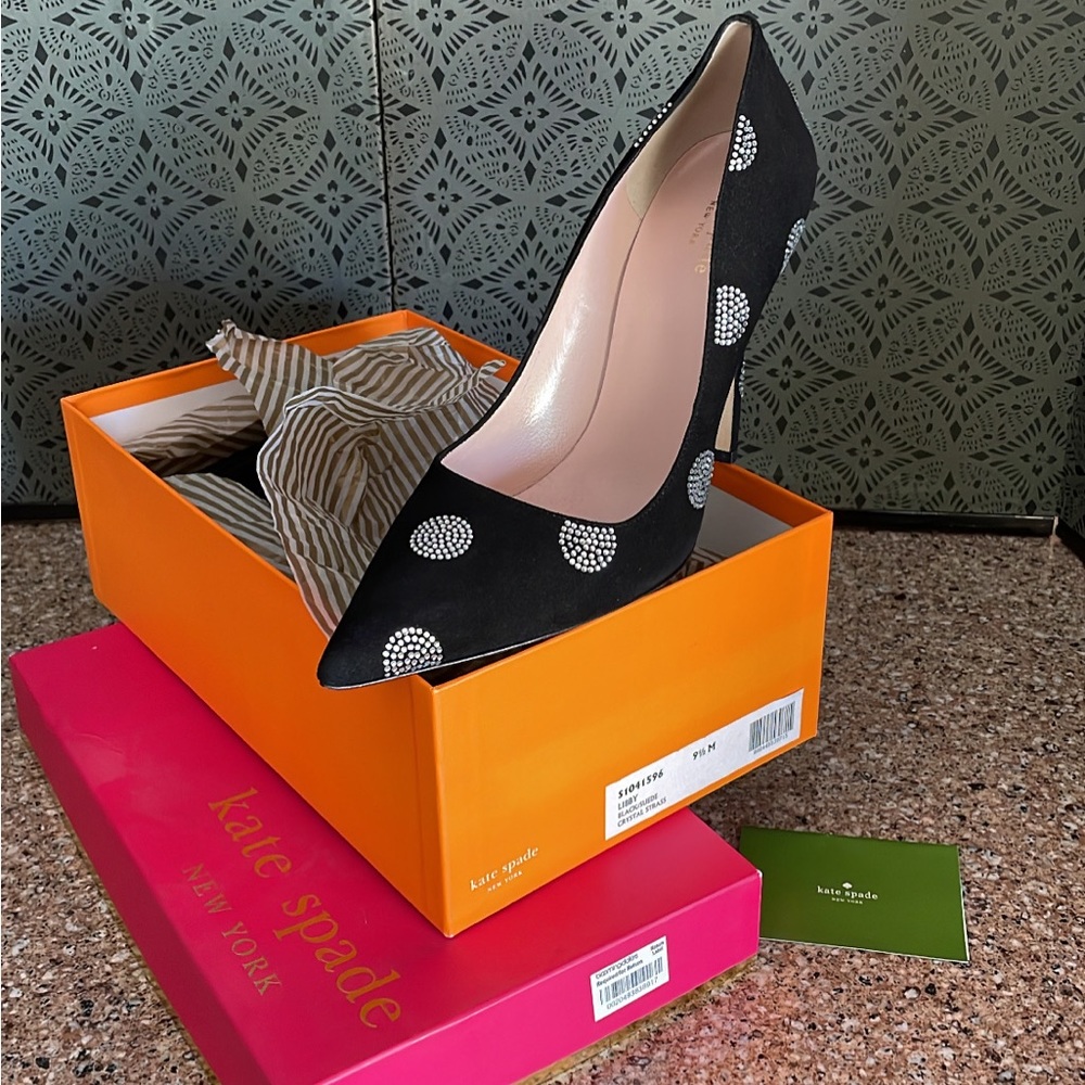 Dressy black, suede heels/pumps with crystal detail